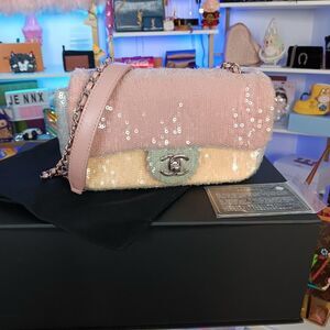 Chanel Waterfall Pastel Pink Multi Color Squin Flap Shoulder Crossbody Bag Full